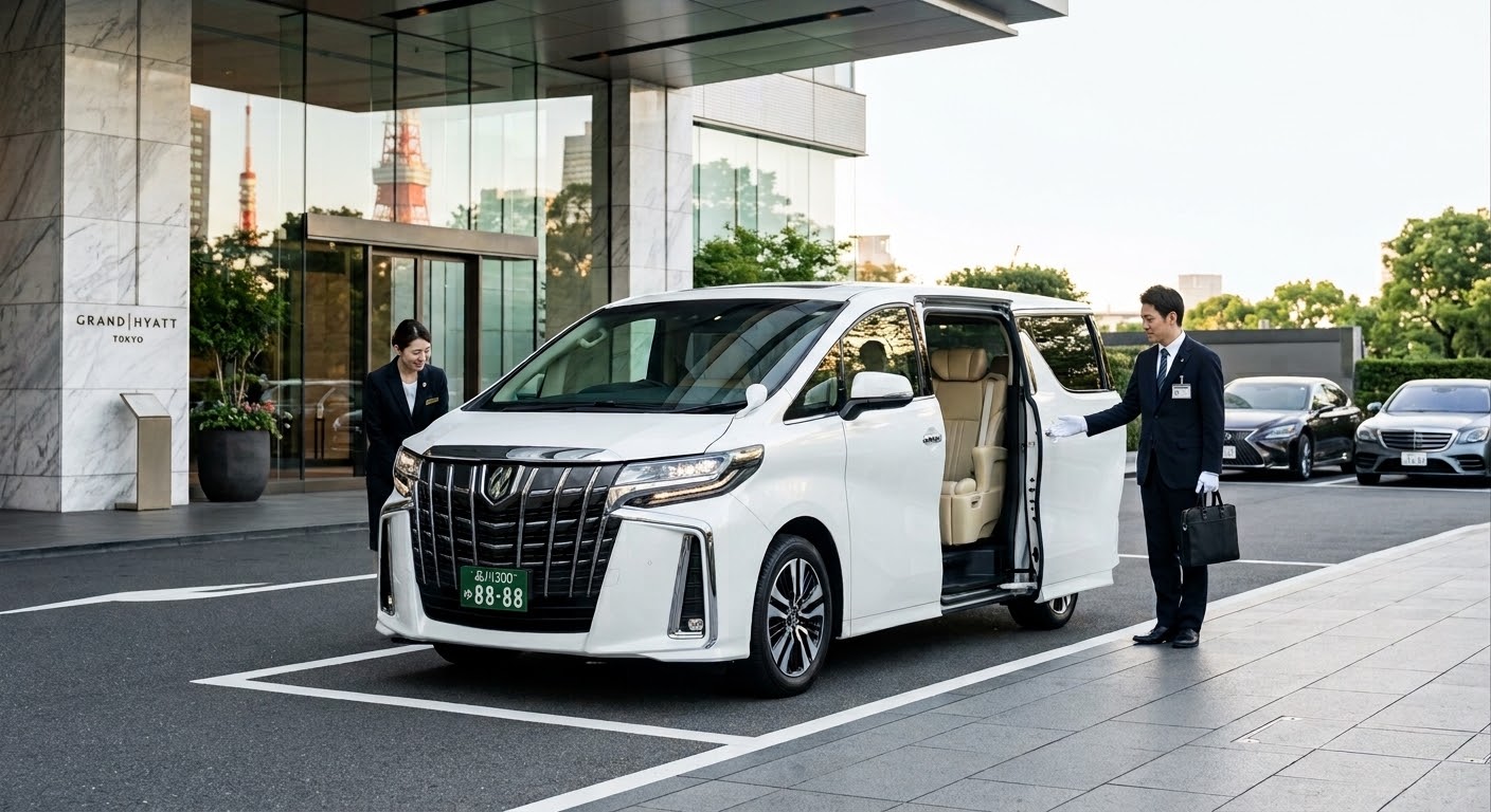 Toyota Alphard luxury minivan with professional chauffeur and Japanese commercial green license plate