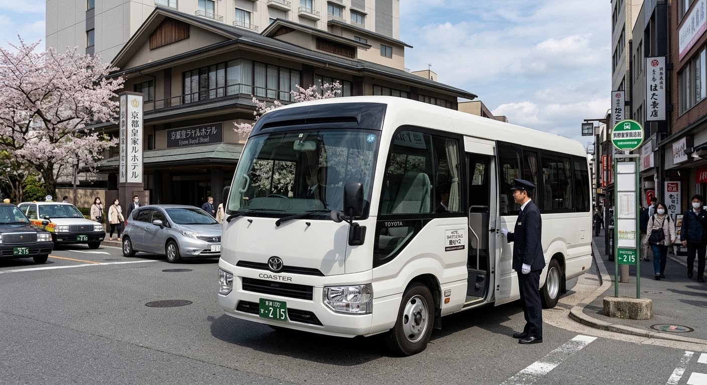 Toyota Coaster mid-size bus parked outside Japanese ryokan
