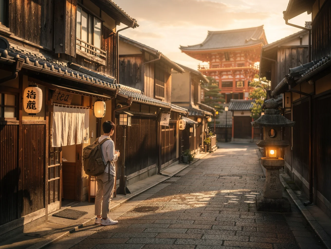 Traditional street in Kyoto with wooden machiya townhouses