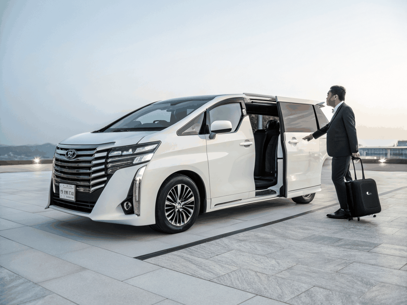 Tuqu Travel uniformed chauffeurs standing beside Toyota Alphard fleet