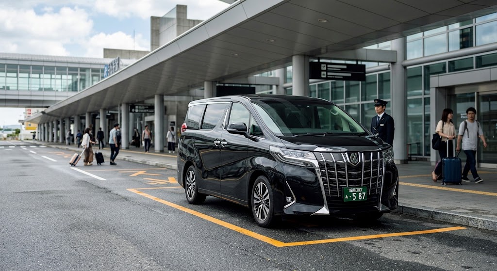 Executive charter van greeting international arrivals outside Fukuoka airport terminal