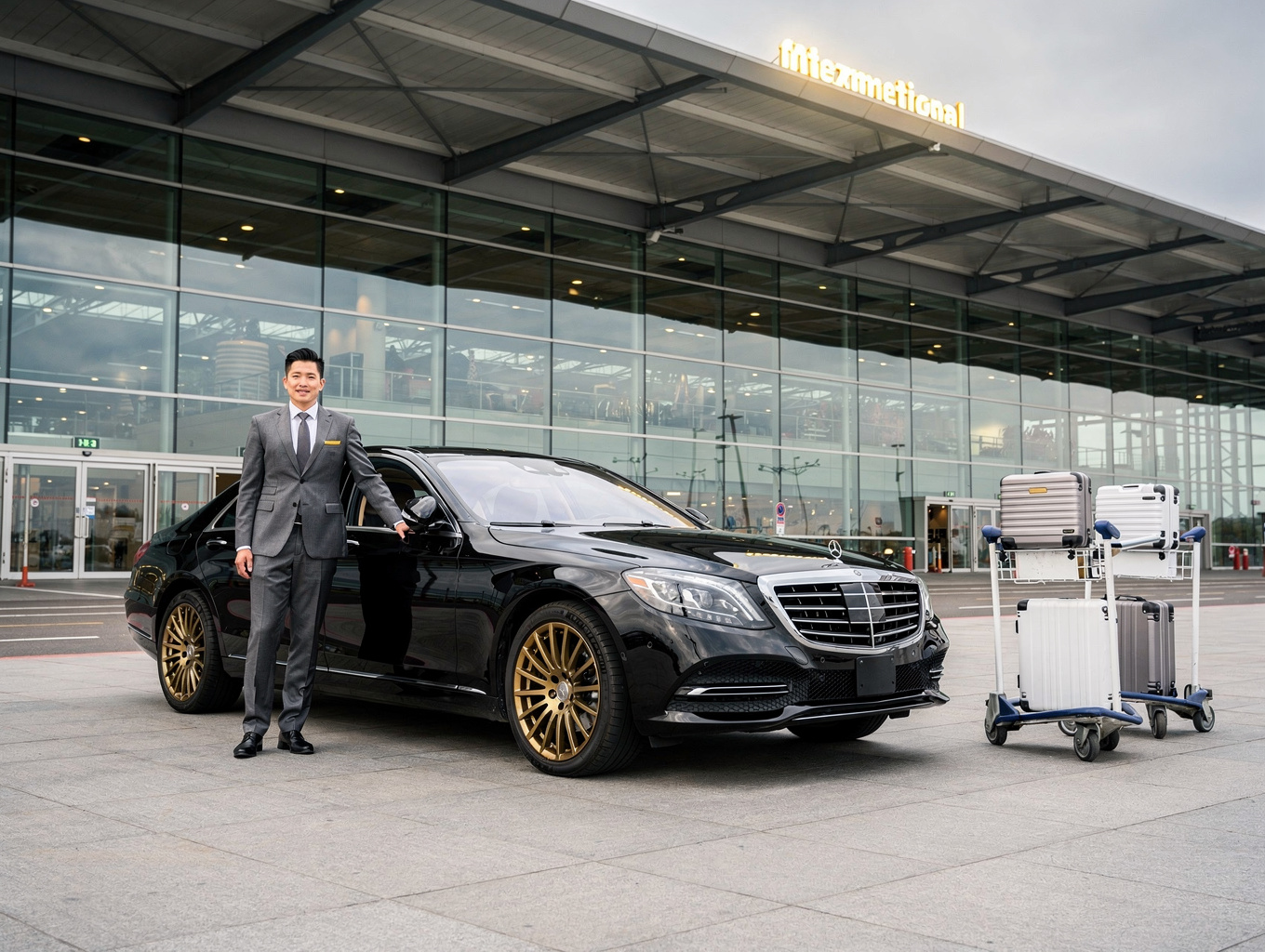 Executive chauffeured van greeting overseas travelers at Japanese airport terminal pickup bay