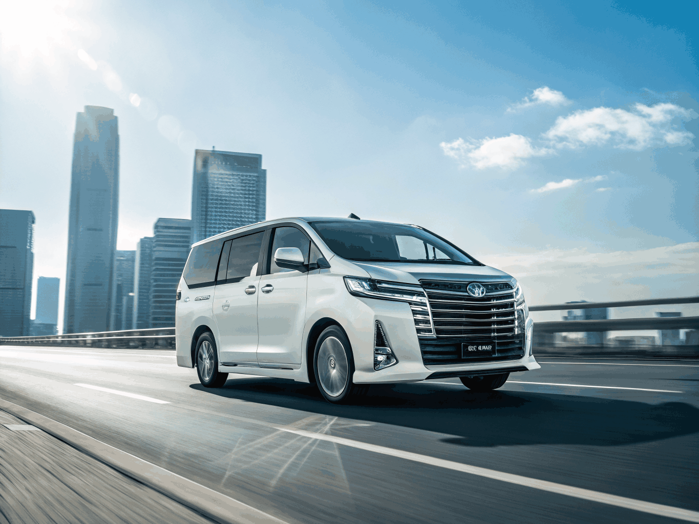 Private luxury Alphard navigating scenic urban avenues in Fukuoka